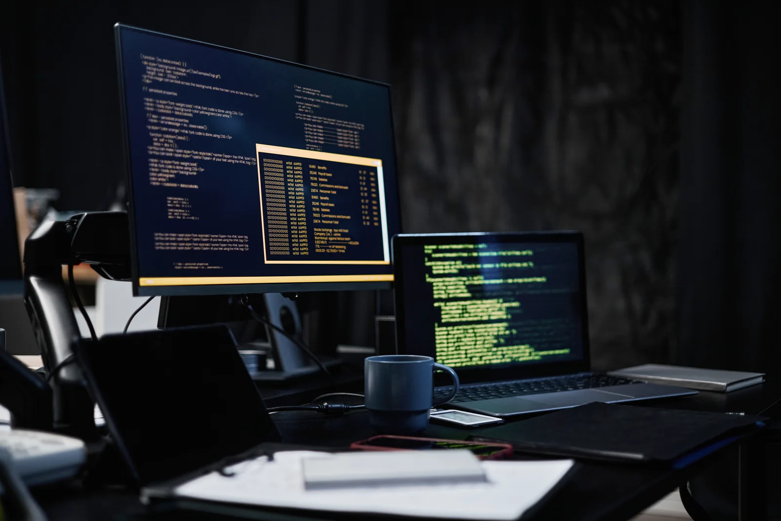 A focused software workspace with code on a desktop monitor and laptop