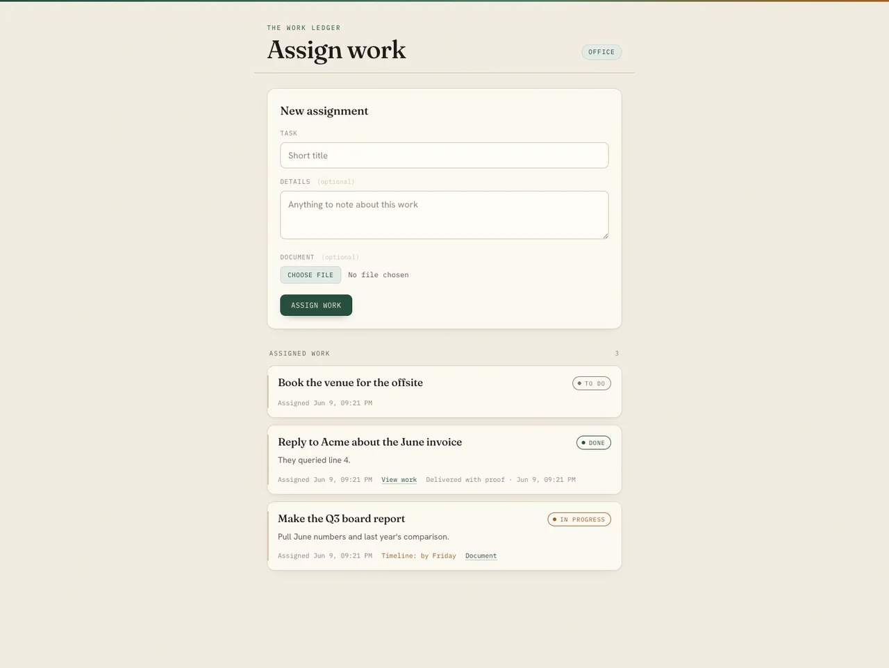 Office Tasks work ledger showing an assignment form and work history